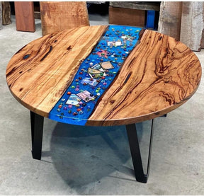 Premium Handcrafted Dice Round Live Edge Epoxy Resin River Table with Game Pieces Unique Artistic Dining Table Living Room Table Coffee Table Home/Office Décor (With Stand) - resinhomefurniture