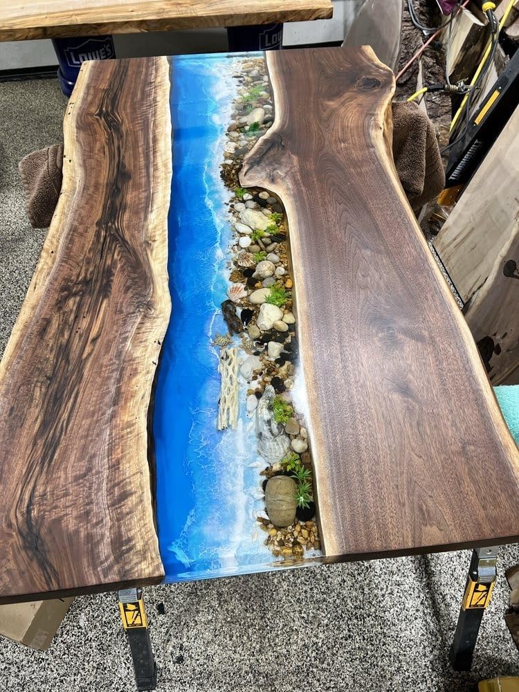 Resin Riverside Nature's Embrace Dining Table Epoxy Wave with Stone and Pebbles Coffee Table Contemporary Table Patio Table End/Side Table Home Décor - resinhomefurniture