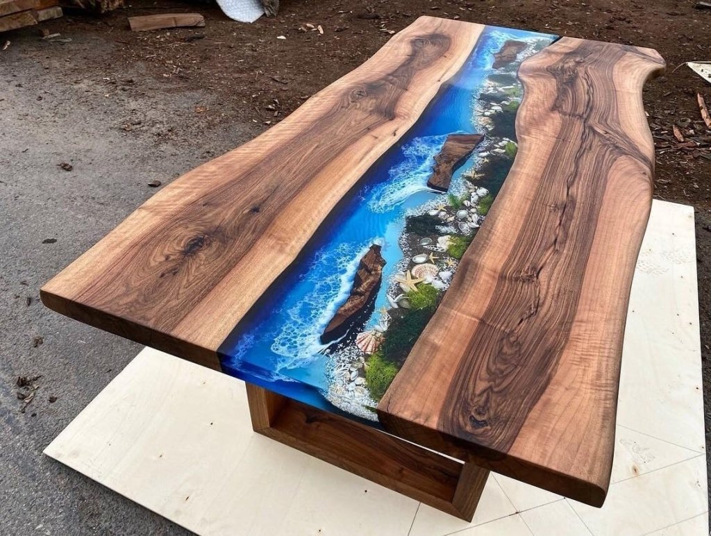 Shoreline Ocean Blue with Stone and Rock Epoxy Resin Dining Table Coffee Table Patio Table Console Table Conference Tabl Bar Counter Table Side Table Home Décor - resinhomefurniture