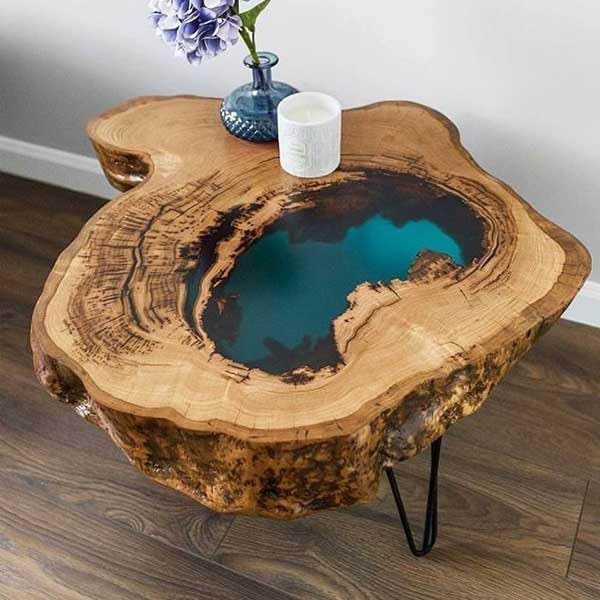 Solid Wooden Beautiful Round Epoxy Mini Pond Look Resin Coffee Table Side/End Table Console Table Living Room Table Kitchen Table Epoxy Table - resinhomefurniture