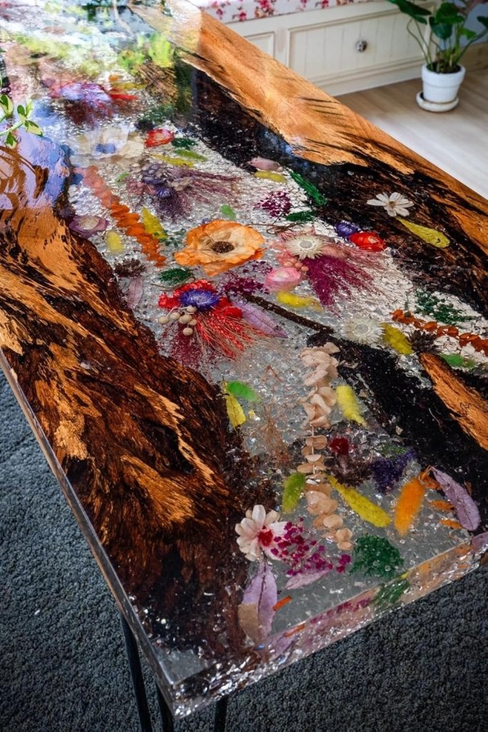 Special Design Colossal Bloom Acacia Wood & Floral Resin Inlay Table | Handcrafted Floral Piece Table Crystal Clear Resin Table Epoxy Table Home Decor Counter Table - resinhomefurniture