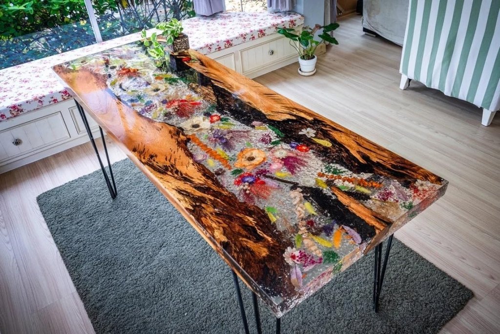 Special Design Colossal Bloom Acacia Wood & Floral Resin Inlay Table | Handcrafted Floral Piece Table Crystal Clear Resin Table Epoxy Table Home Decor Counter Table - resinhomefurniture