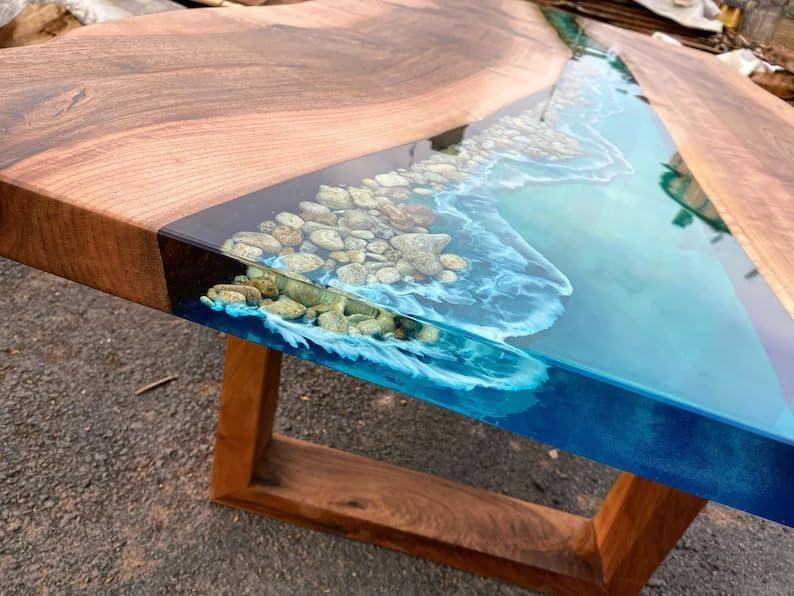 Special River Blue Epoxy Resin with Stones Dining Table Living Room Table Coffee Table Console Table Patio Table Conference Table Kitchen Table Home Décor - resinhomefurniture