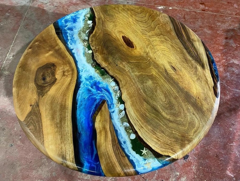 Tropical River Blue Epoxy Resin Round Table with Sea Shells Dining Table Living Room Table Walnut Wooden Table Patio Table End Table Bar Counter Table Home Decor - resinhomefurniture