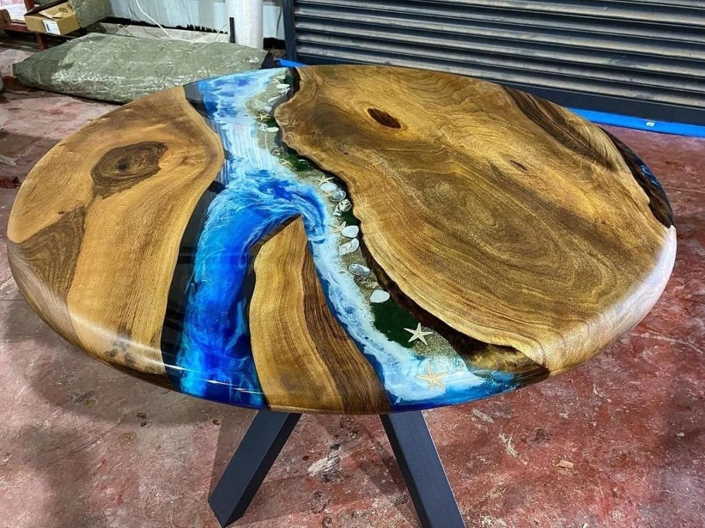 Tropical River Blue Epoxy Resin Round Table with Sea Shells Dining Table Living Room Table Walnut Wooden Table Patio Table End Table Bar Counter Table Home Decor - resinhomefurniture