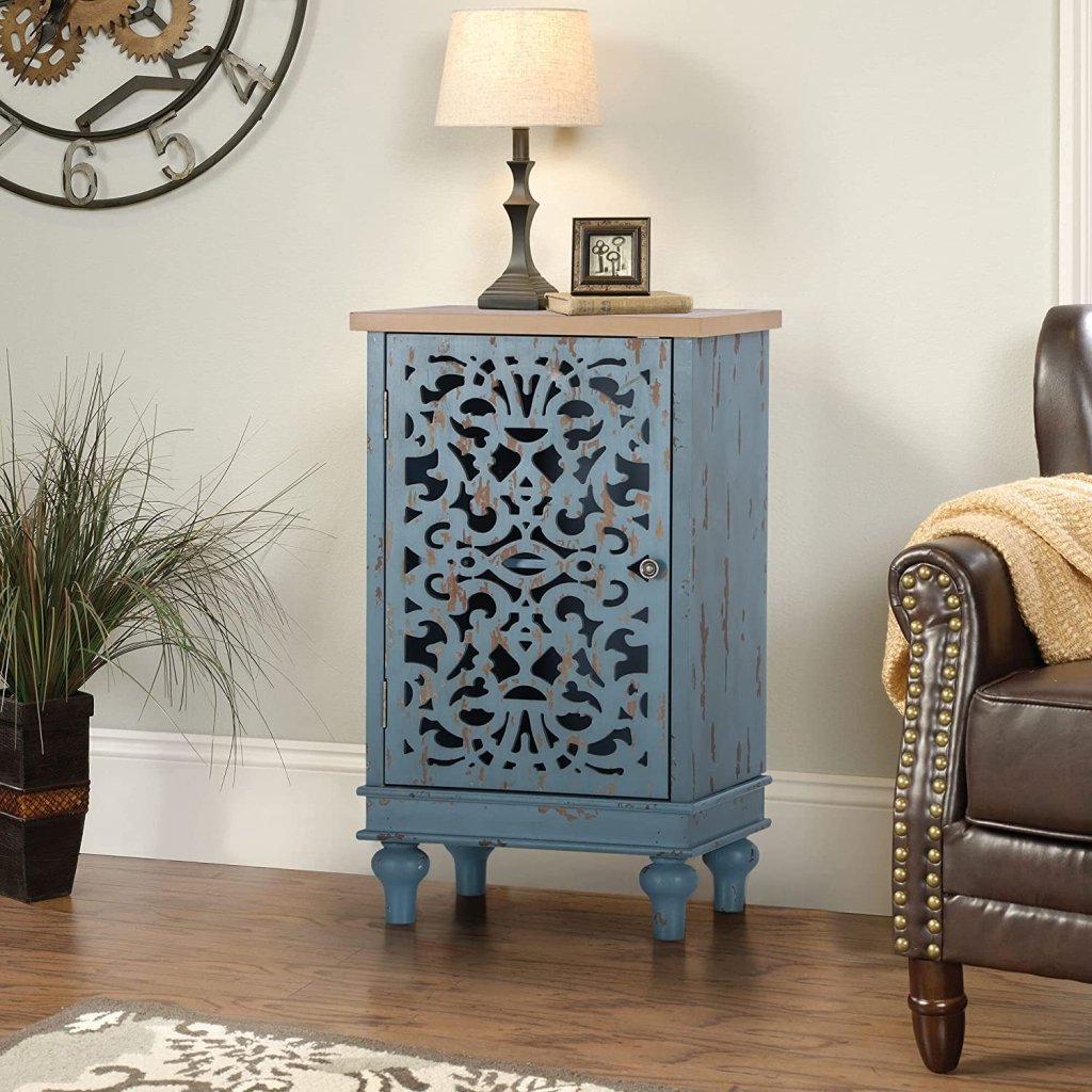 TUZECH Accent Storage Cabinet with Single Door, Distressed Decorative Nightstand End Side Table with Wooden Frame and Hollow - Carved Floral Pattern for Entryway Living Room Bedroom - resinhomefurniture