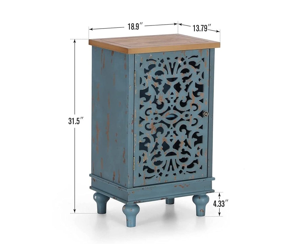 TUZECH Accent Storage Cabinet with Single Door, Distressed Decorative Nightstand End Side Table with Wooden Frame and Hollow - Carved Floral Pattern for Entryway Living Room Bedroom - resinhomefurniture