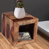 TUZECH Cube Shape Rosewood Side Table with Cutout Bottom, Brown - resinhomefurniture