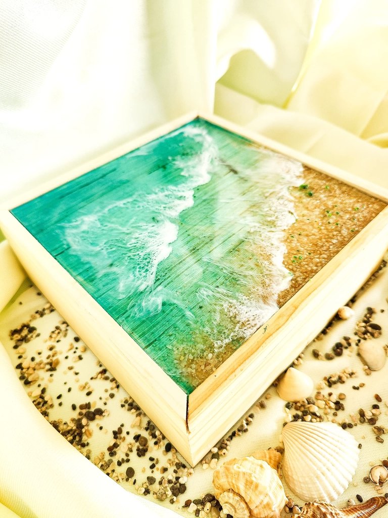 TUZECH Customizable Epoxy Wood Sliding Jewellery Treasure Box Chest Seaside Beach Ocean Handmade Home Décor memory box Custom gift box Trinket Box - resinhomefurniture