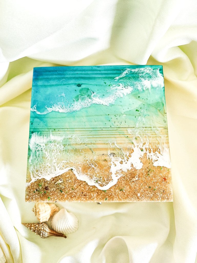 TUZECH Customizable Epoxy Wooden Jewellery Treasure Box Chest Seaside Beach Ocean Handmade Home Décor memory box Custom gift box, Trinket Box - resinhomefurniture