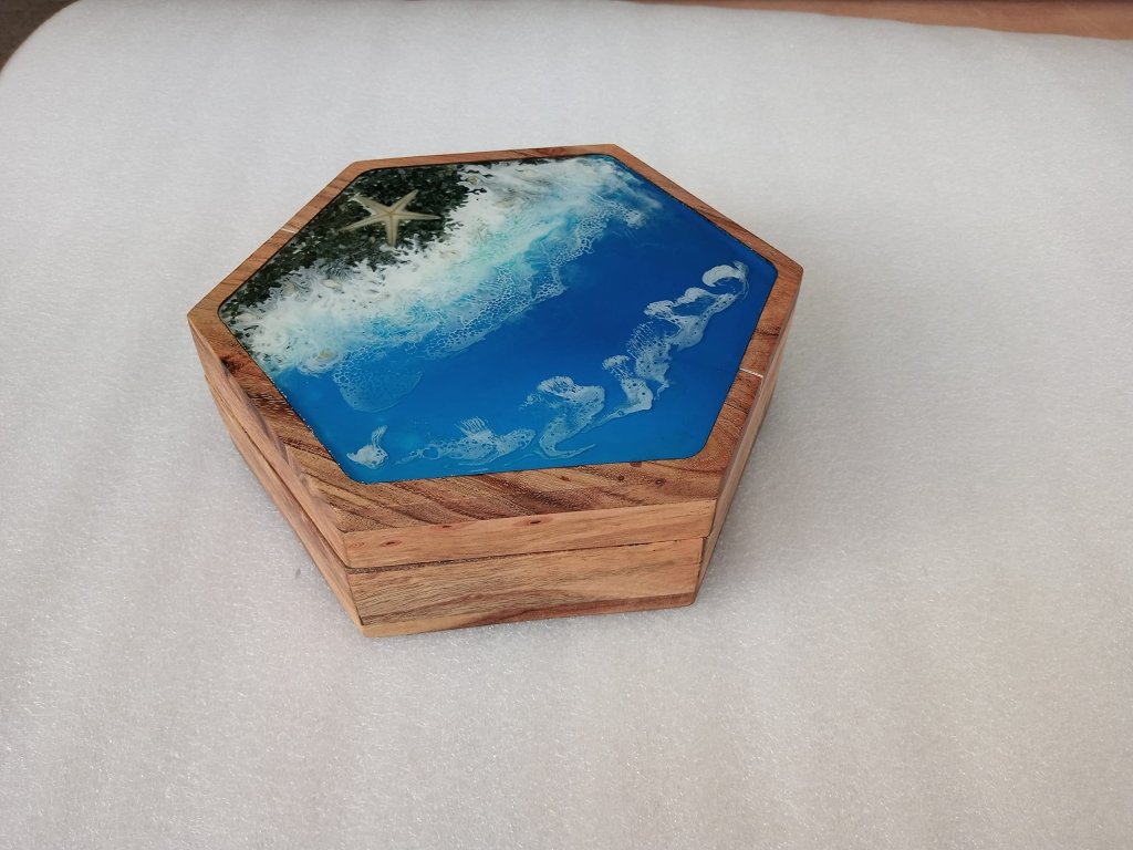 TUZECH Customizable Epoxy Wooden Jewellery Treasure Box Chest Seaside Ocean Handmade Home Décor memory box Custom gift box, Trinket Box - resinhomefurniture