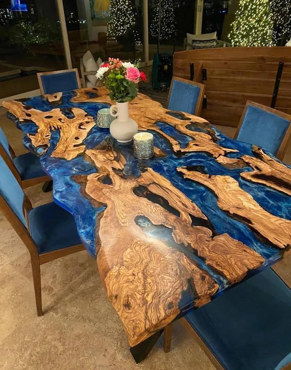 TUZECH Customized Epoxy Table, Dining Table, Ocean Look Table Top, Unique Furnished Table, Epoxy Live Edge Table, Olive Design Dining Table - resinhomefurniture