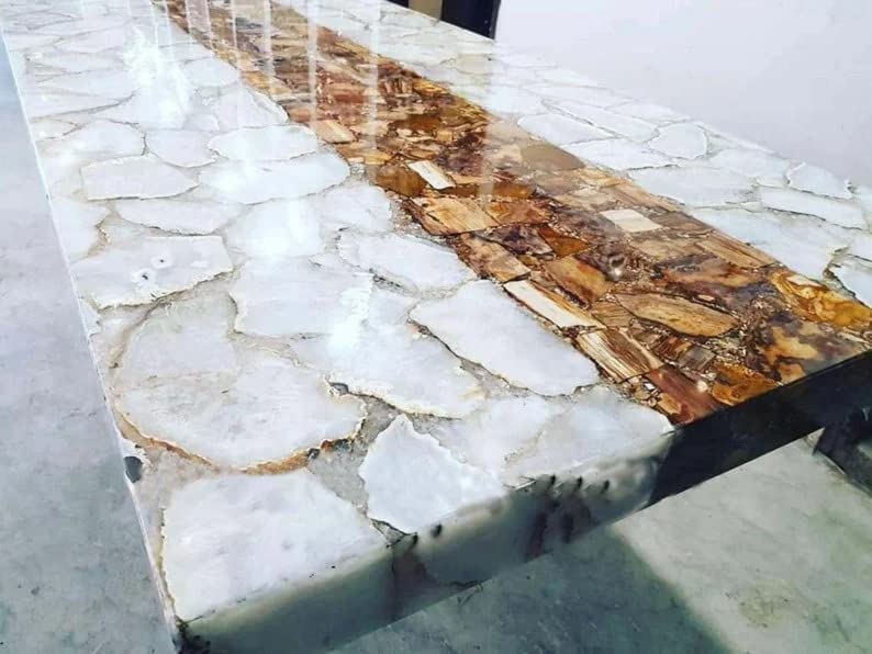 TUZECH Customized White Agate Stone with Golden Petrified/Marble Dining Table for 2 4 6 8 Living Room Table Bar Counter Wall Décor Ceiling Frame - resinhomefurniture