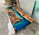 TUZECH Exquisite Ocean Blue Epoxy Resin Dining Table Coffee Table with Stone and Rock Console Table Side/End Table Living Room Coastal Table Bar Counter Table Home Décor - resinhomefurniture