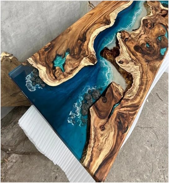 TUZECH Exquisite Ocean Blue Epoxy Resin Dining Table Coffee Table with Stone and Rock Console Table Side/End Table Living Room Coastal Table Bar Counter Table Home Décor - resinhomefurniture