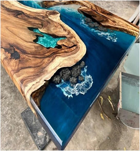 TUZECH Exquisite Ocean Blue Epoxy Resin Dining Table Coffee Table with Stone and Rock Console Table Side/End Table Living Room Coastal Table Bar Counter Table Home Décor - resinhomefurniture