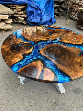 TUZECH Extendable Ocean Shiny Blue with Waves Round Table Round Table Walnut Wooden Table Epoxy Dining Table Living Room Table Patio Table End/Side Table Home Decor - resinhomefurniture