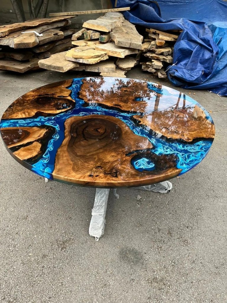 TUZECH Extendable Ocean Shiny Blue with Waves Round Table Round Table Walnut Wooden Table Epoxy Dining Table Living Room Table Patio Table End/Side Table Home Decor - resinhomefurniture