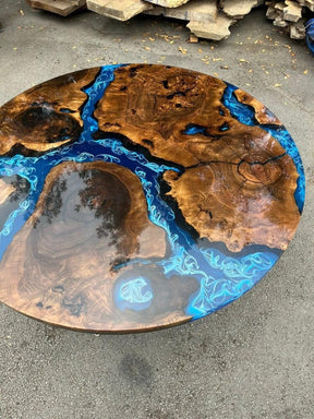 TUZECH Extendable Ocean Shiny Blue with Waves Round Table Round Table Walnut Wooden Table Epoxy Dining Table Living Room Table Patio Table End/Side Table Home Decor - resinhomefurniture