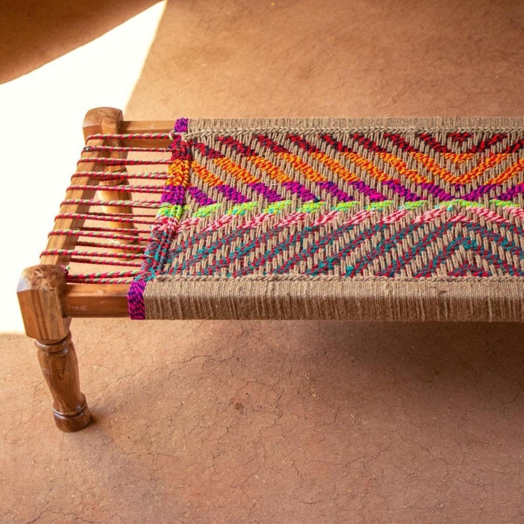 Tuzech Handmade Amaltas Jute & Textile Charpai Solid Sturdy Hand Woven Metal Charpai/Day Bed/Khatiya/Manjhi with Legs for Hotel Restaurant - resinhomefurniture