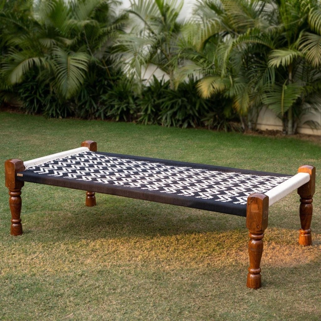 Tuzech Handmade Double Wave Cotton Charpai Solid & Sturdy Hand Woven Metal Charpai/Day Bed/Khatiya/Manjhi with Leg for Hotel Restaurant Home - resinhomefurniture