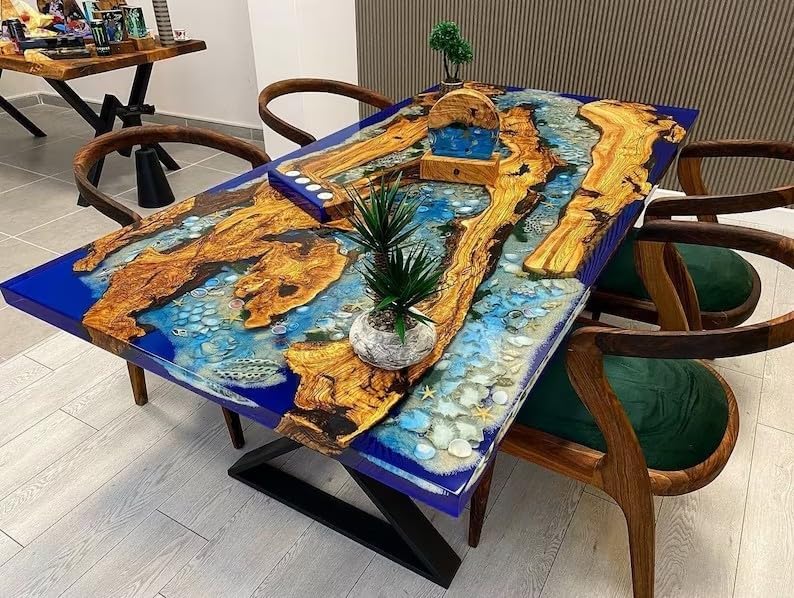 TUZECH Large Beautiful Customized Beige Epoxy Dining Table Resin Coffee Table Living Room Table for 2, 4, 6, 8 Sea Aquarium Star Shells Look Table Patio Table Home Décor - resinhomefurniture