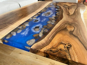 TUZECH Large Indoor Epoxy Dining Table Resin Coffee Table Living Room Table for 2, 4, 6, 8 River with Stones Epoxy Resin Epoxy Table Home Décor Patio Table Wall Art - resinhomefurniture