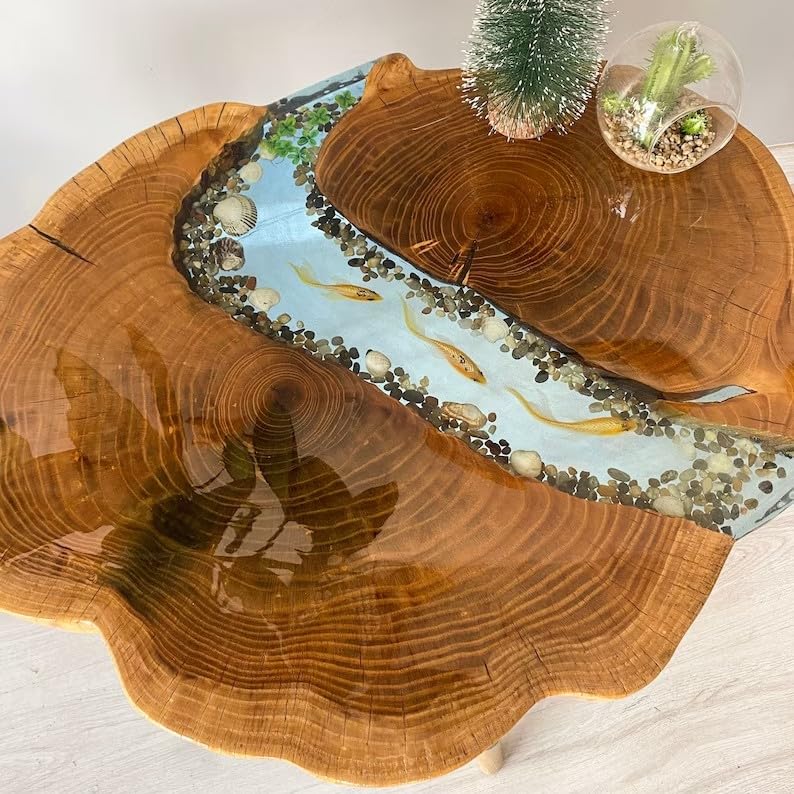 TUZECH Large Indoor Epoxy Round Table Resin Coffee Table River with Fishes & Stones Table Living Room for 2, 4, 6, 8 Side/End Table Epoxy Dining Table Bar Counter Home Décor - resinhomefurniture