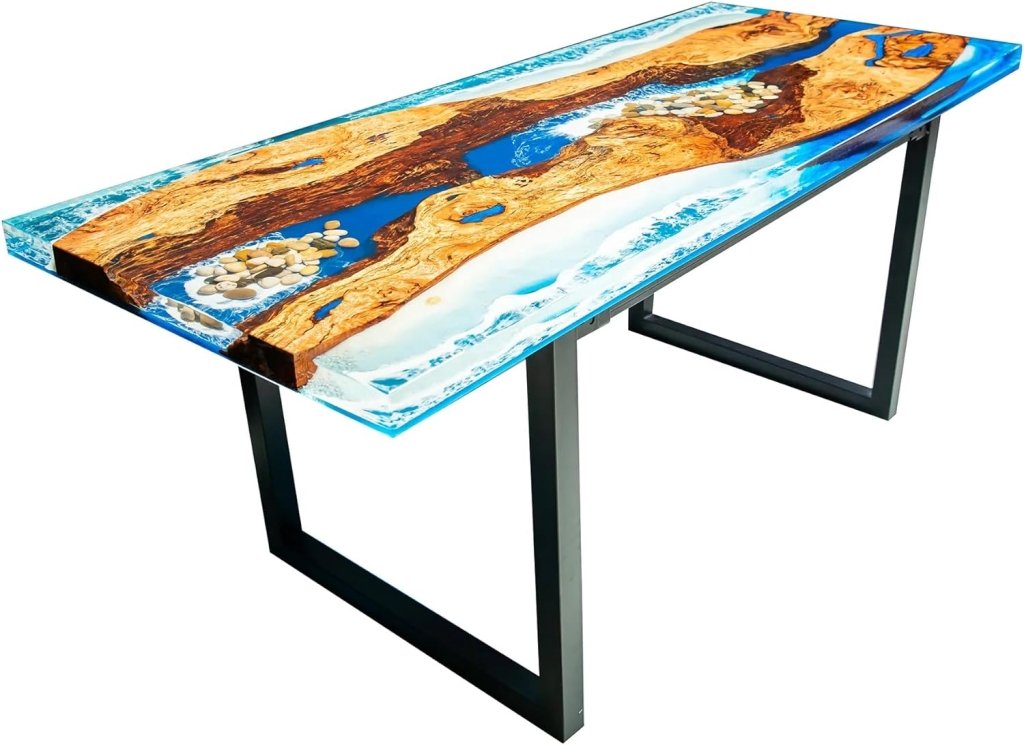 TUZECH Natural Wood Island Resin Epoxy River with Stone and Ocean Waves Look Table Coastal Table Top Dining Table Coffee Table Side/End Table Home Décor - resinhomefurniture