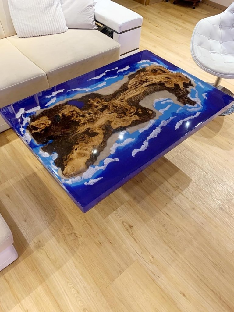 TUZECH Natural Wood Resin Epoxy Blue Classic Island Look with Waves Table Coastal Table Top Dining Table Coffee Table Side/End Table Home Décor - resinhomefurniture