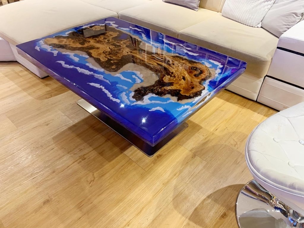 TUZECH Natural Wood Resin Epoxy Blue Classic Island Look with Waves Table Coastal Table Top Dining Table Coffee Table Side/End Table Home Décor - resinhomefurniture