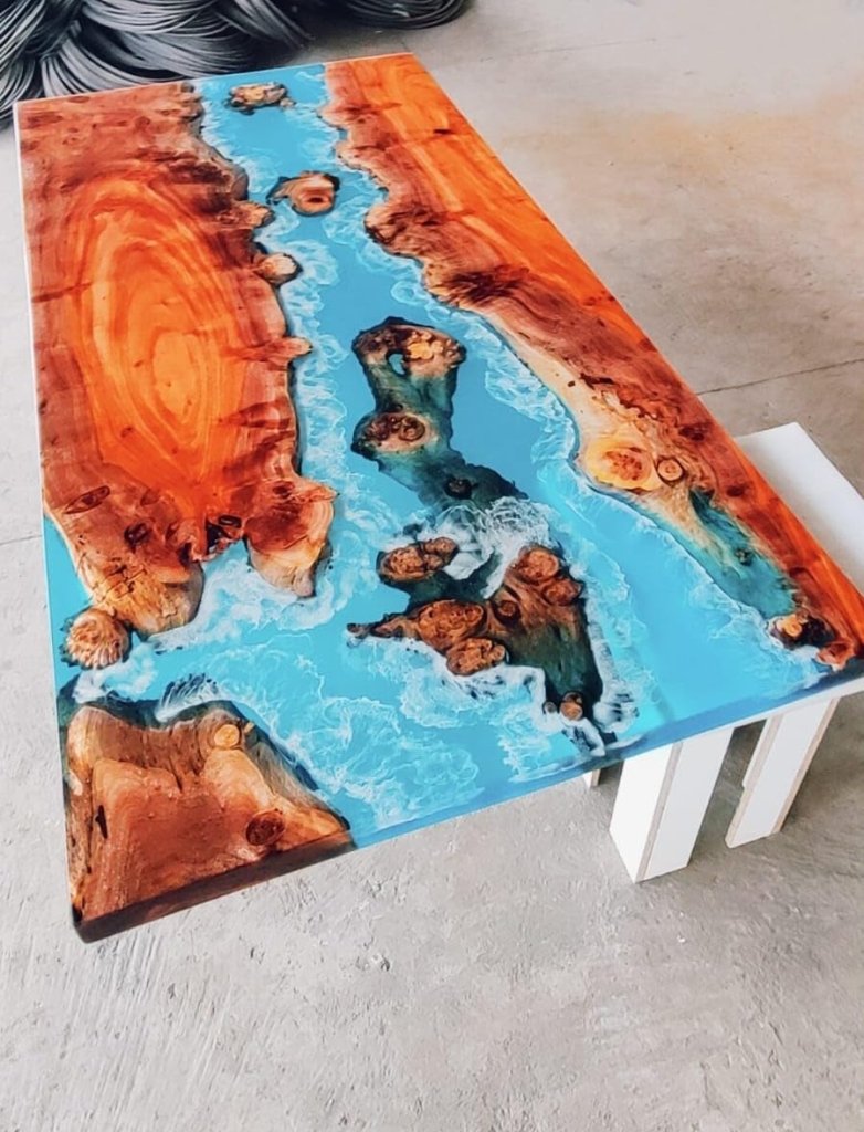 TUZECH Natural Wood Resin Epoxy Unique Blue Ocean Flow Look Table Coastal Table Top Dining Table Coffee Table Side/End Table Home Décor - resinhomefurniture