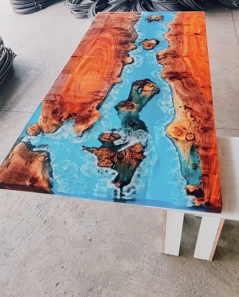 TUZECH Natural Wood Resin Epoxy Unique Blue Ocean Flow Look Table Coastal Table Top Dining Table Coffee Table Side/End Table Home Décor - resinhomefurniture