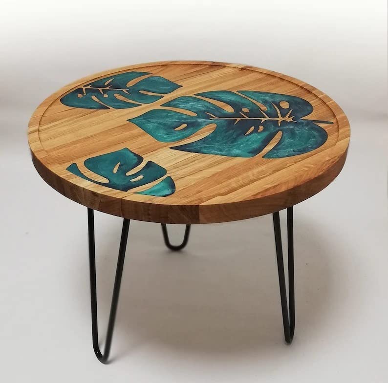 TUZECH Unique Leaf Pattern Epoxy Round Resin Coffee Table Acacia Wood Table Living Room for 2, 4, 6, 8 Side/End Table Patio Table Bar Counter Home Decor - resinhomefurniture