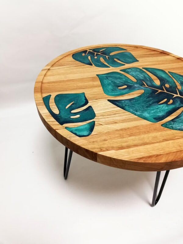 TUZECH Unique Leaf Pattern Epoxy Round Resin Coffee Table Acacia Wood Table Living Room for 2, 4, 6, 8 Side/End Table Patio Table Bar Counter Home Decor - resinhomefurniture