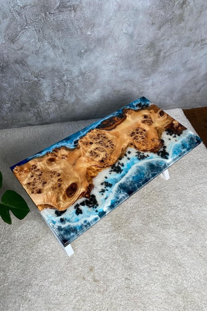 Unique Island Ocean Beach Wave Stone Look Epoxy Resin Dining Table Coffee Table End Table Wooden Table Living Room Table Bar Counter Home Décor Side - resinhomefurniture