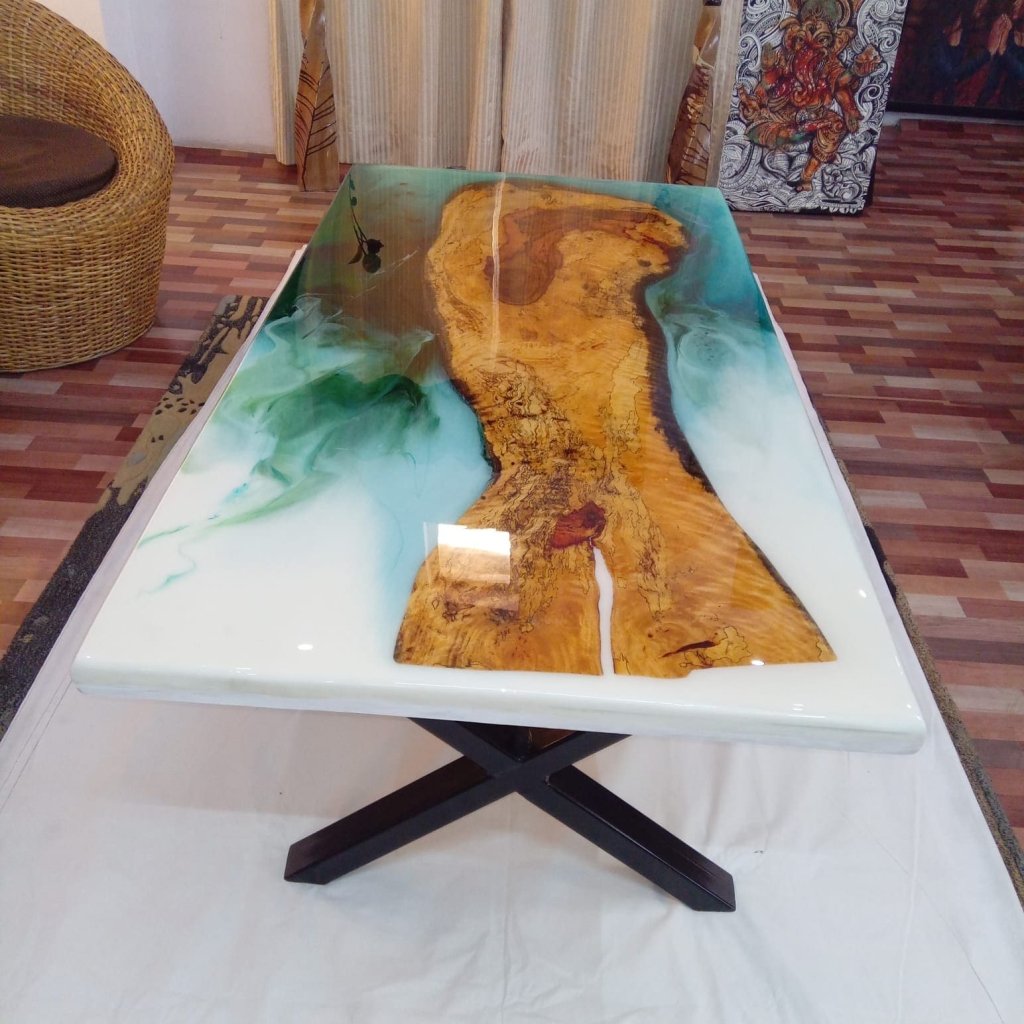 Unique Multi Resin Green And White Epoxy Table Coastal table Top Dining Table Coffee Table Side/End Table. With Legs 28.5&quot; Inches - resinhomefurniture