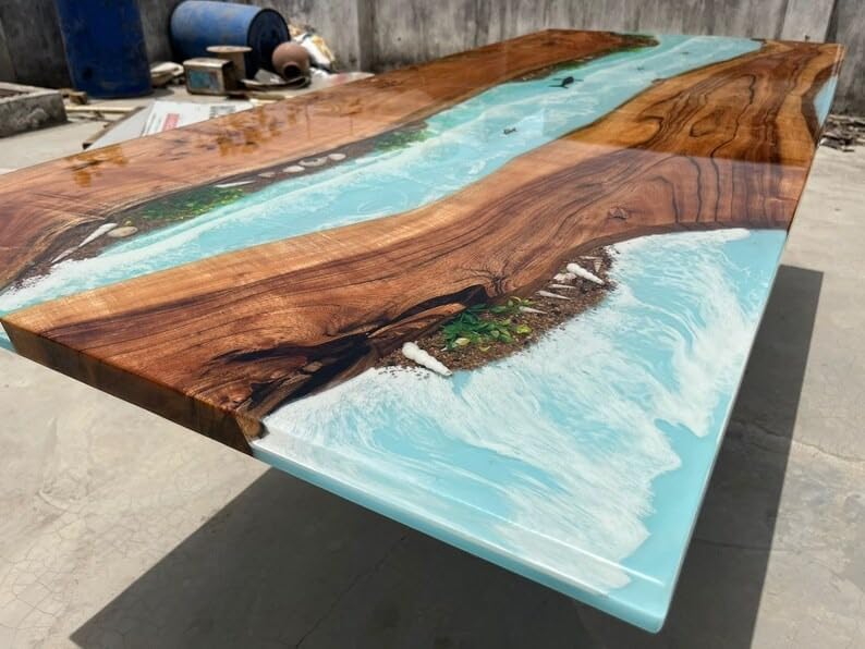 Unique Ocean Waves with Shells and Fishes Sky Blue Epoxy Resin Dining Table Console Table Side/End Table Living Room Coastal Table Bar Counter Table Home Décor - resinhomefurniture